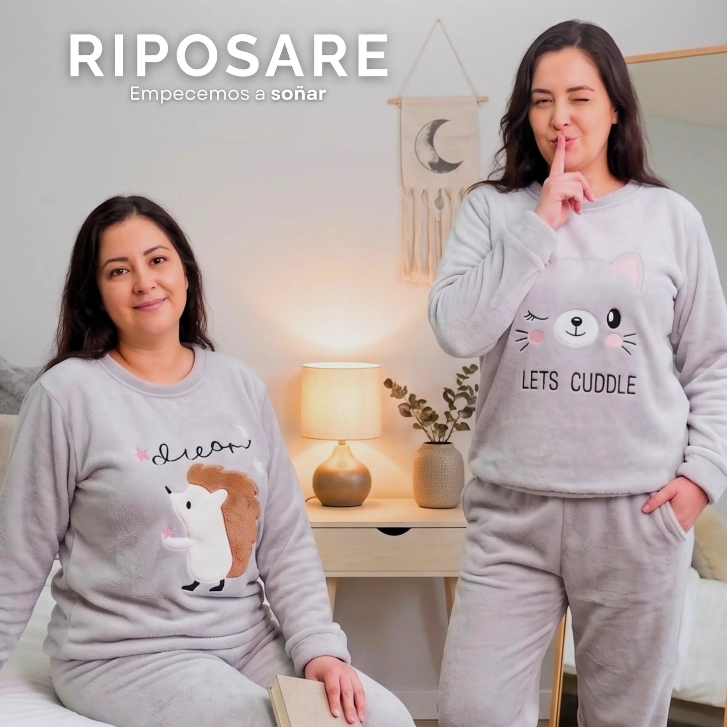 Pack de pijama de felpa + envío gratis - diseño de erizo y gato - Cozy nights duo