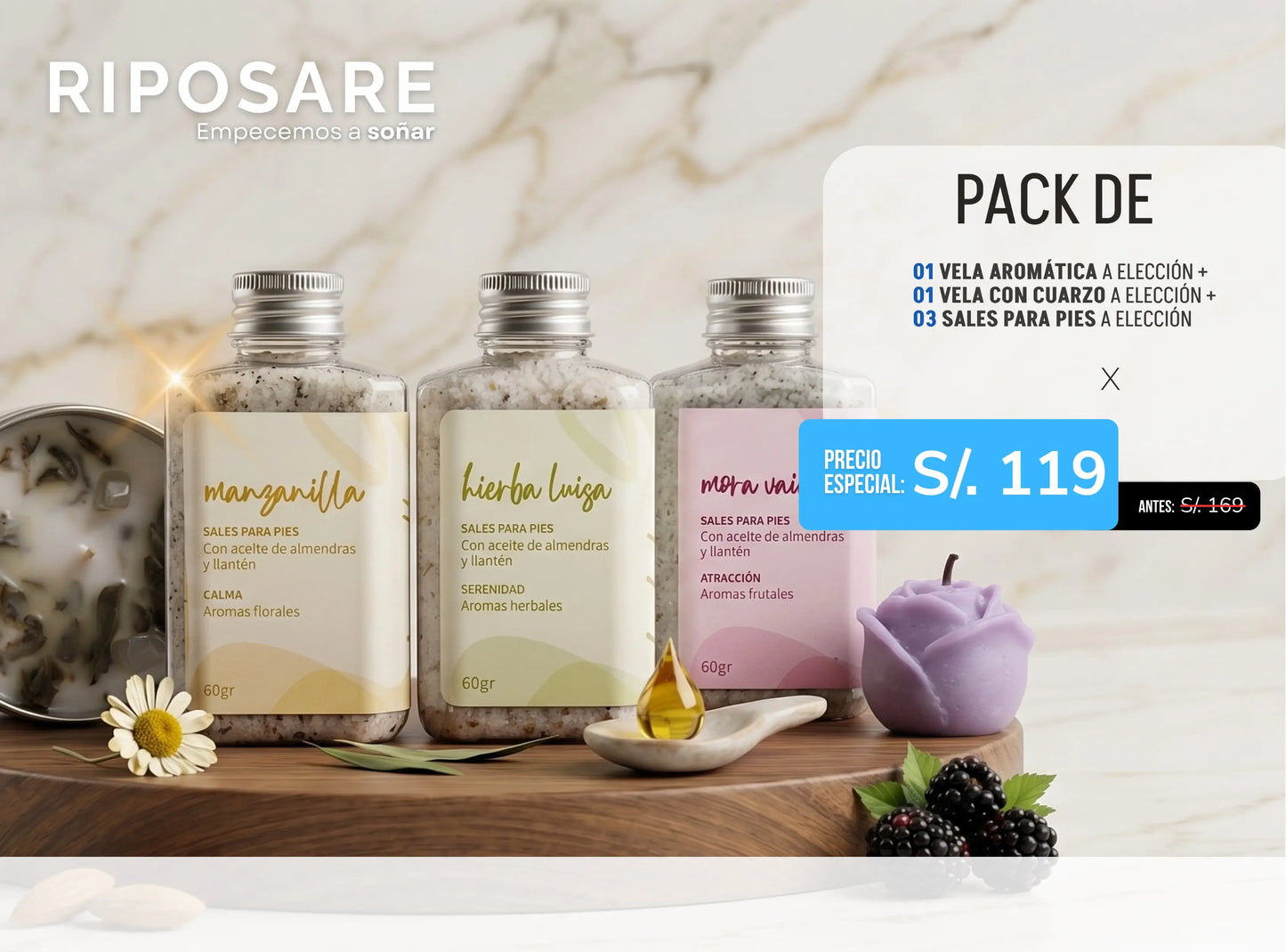Pack Ritual de bienestar + envío gratis - Velas aromáticas - Velas aromáticas con cuarzo - Sales para pies