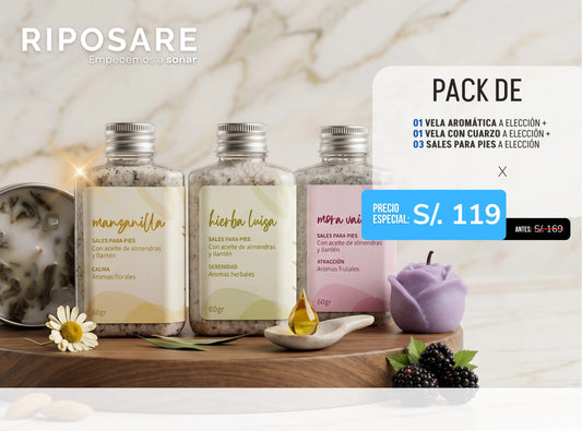 Pack Ritual de bienestar + envío gratis - Velas aromáticas - Velas aromáticas con cuarzo - Sales para pies