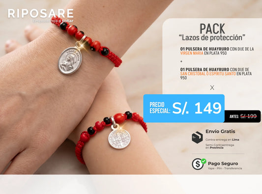 Pack Lazos de protección + envío gratis - pulseras de huayruro + dije de plata 950 - Virgen maría - San Critóbal - Espíritu Santo